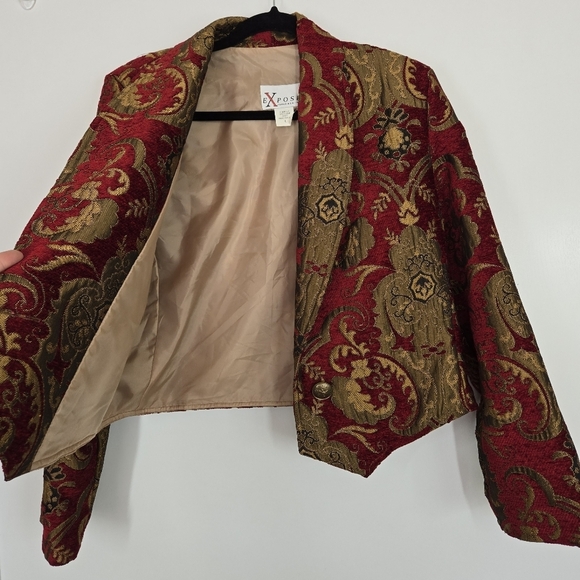 Expose Chenille Cropped Peaked Lapel Blazer Large Paisley Red Gold Western Vtg - Picture 15 of 16